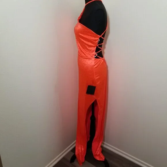 Lulus Womens Medium Coral Halter Long Dress Rhinestone HOCO Formal Prom NWT - Picture 4 of 15